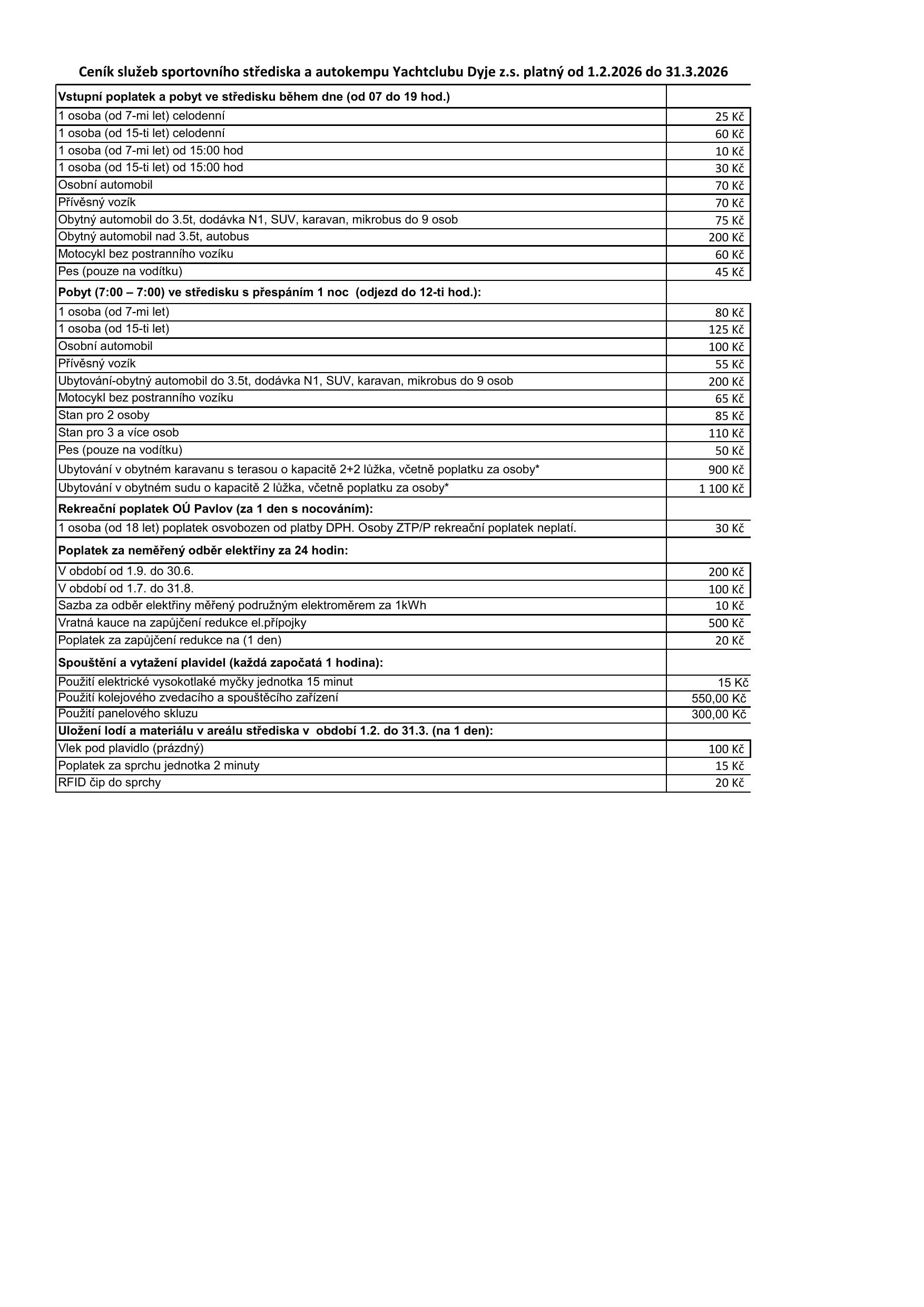 Příloha č. 2 ceník služeb YCD 20261