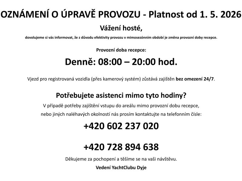 Provozní doba recepce sportovního střediska