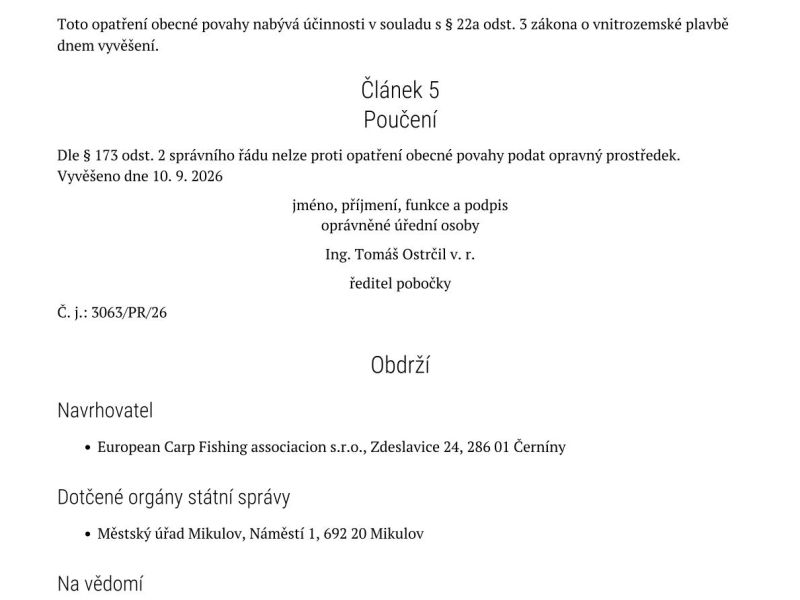Opatření obecné povahy SPS - omezení plavby