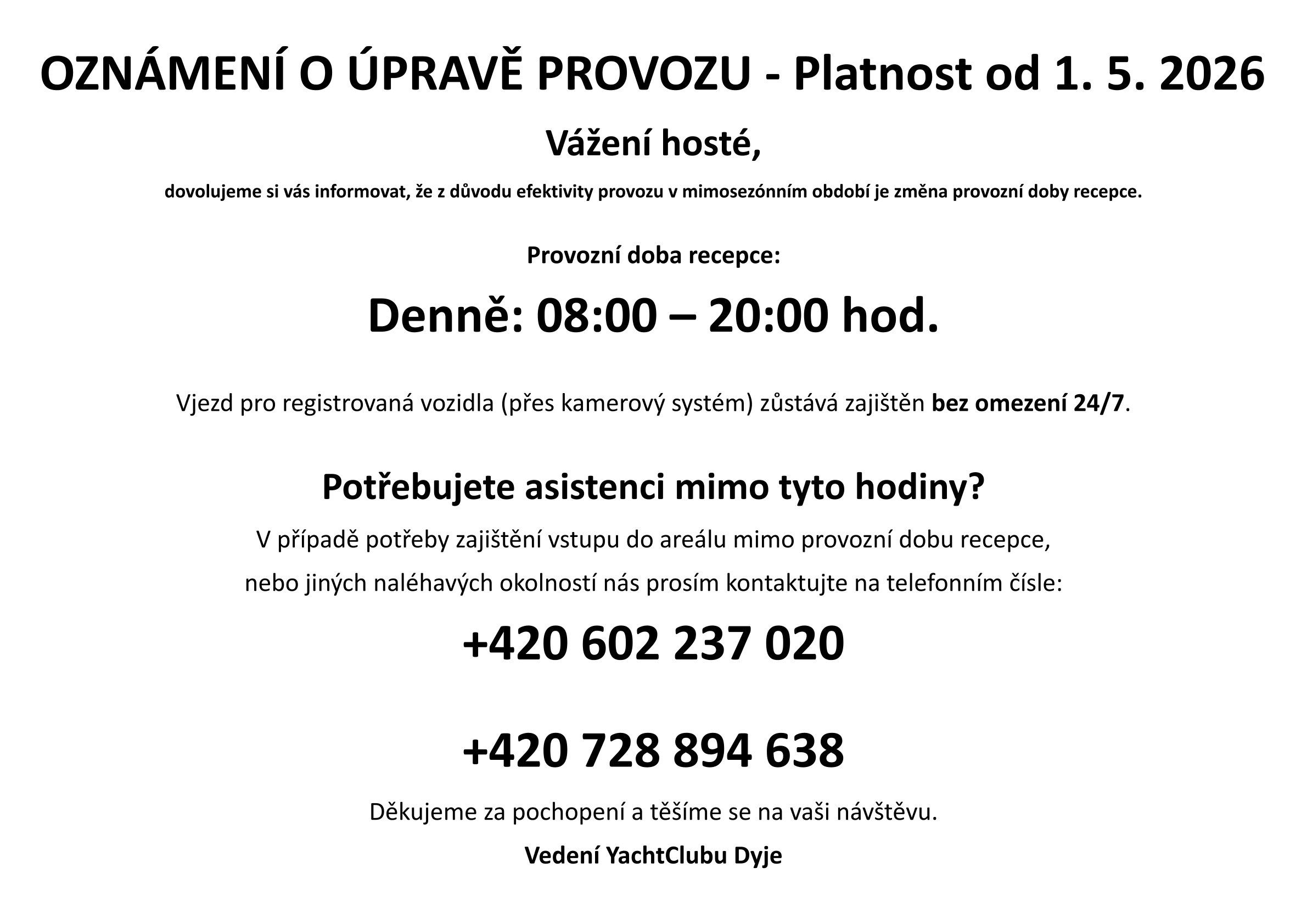 Provozní doba recepce sportovního střediska