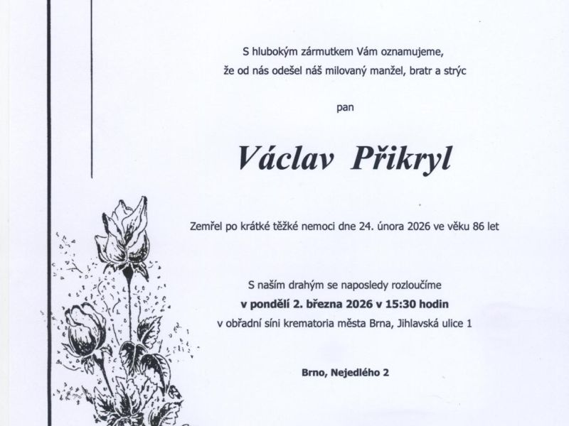 Smuteční sdělení Václav Přikryl