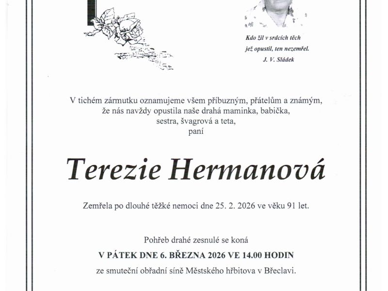 Smuteční sdělení Terezie Hermanová