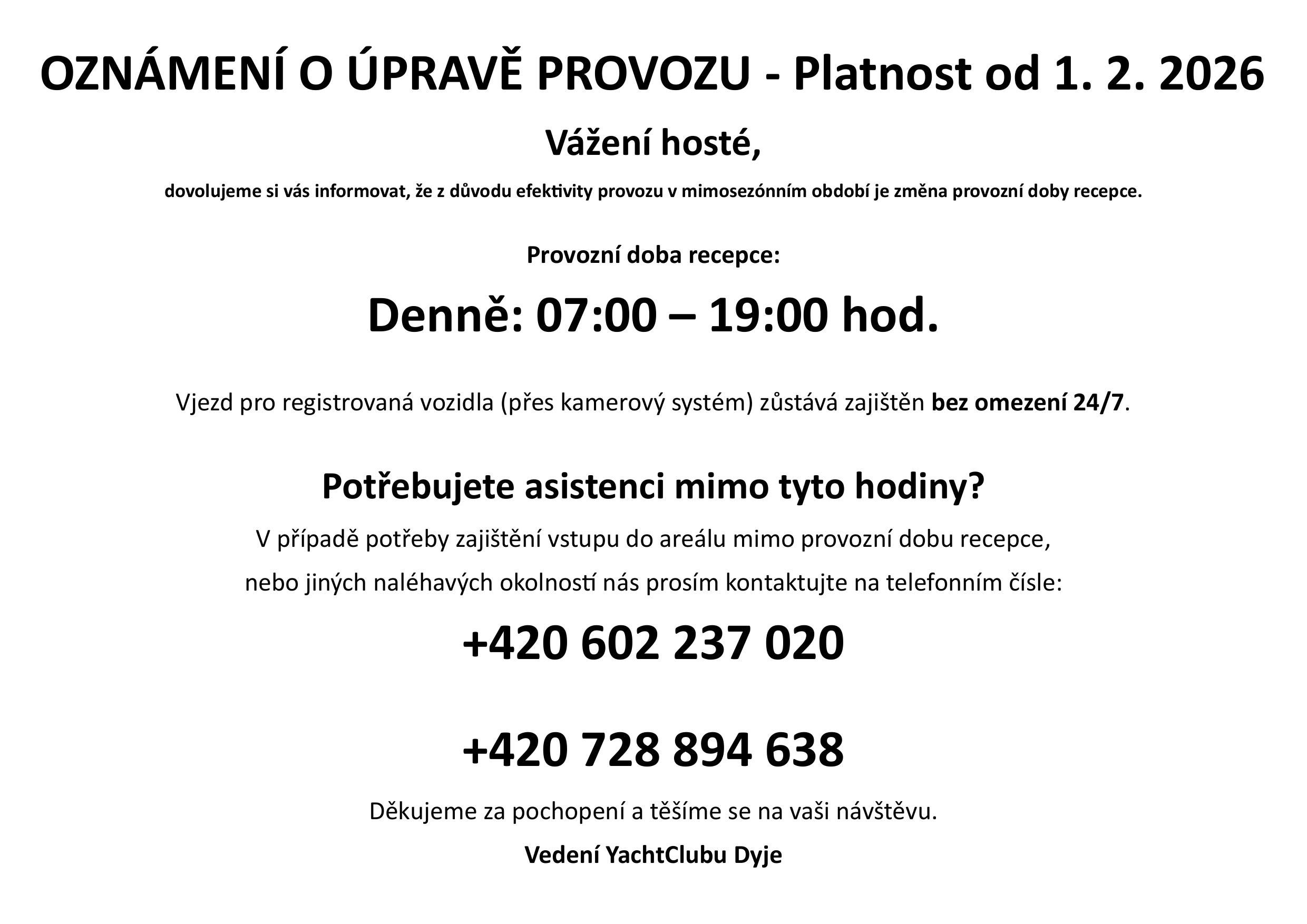 Provozní doba recepce sportovního střediska