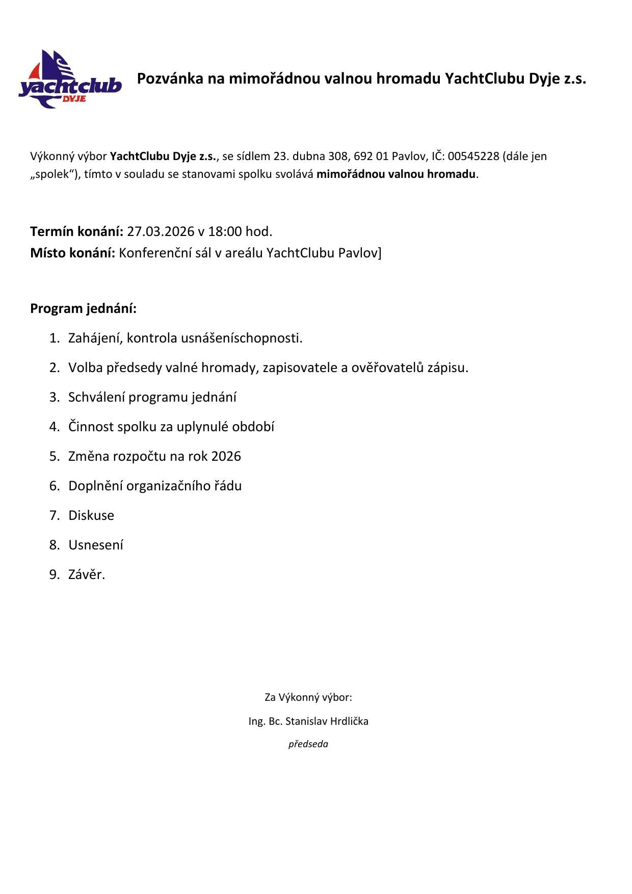 Pozvánka na Mimořádnou valnou hromadu YachtClubu Dyje z.s.