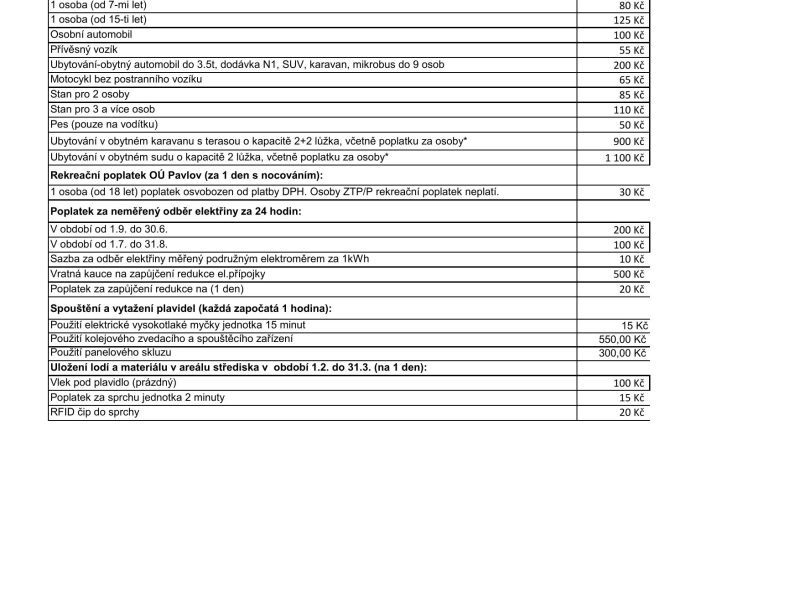 Ceník služeb YachtClubu Dyje z.s. na období od 01.02. - 31.03.2026