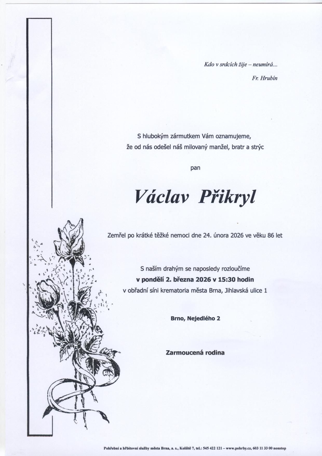 Smuteční sdělení Václav Přikryl